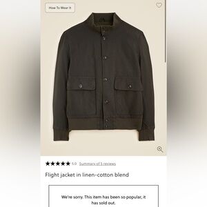 NWT men’s J Crew Flight jacket in linen-cotton blend